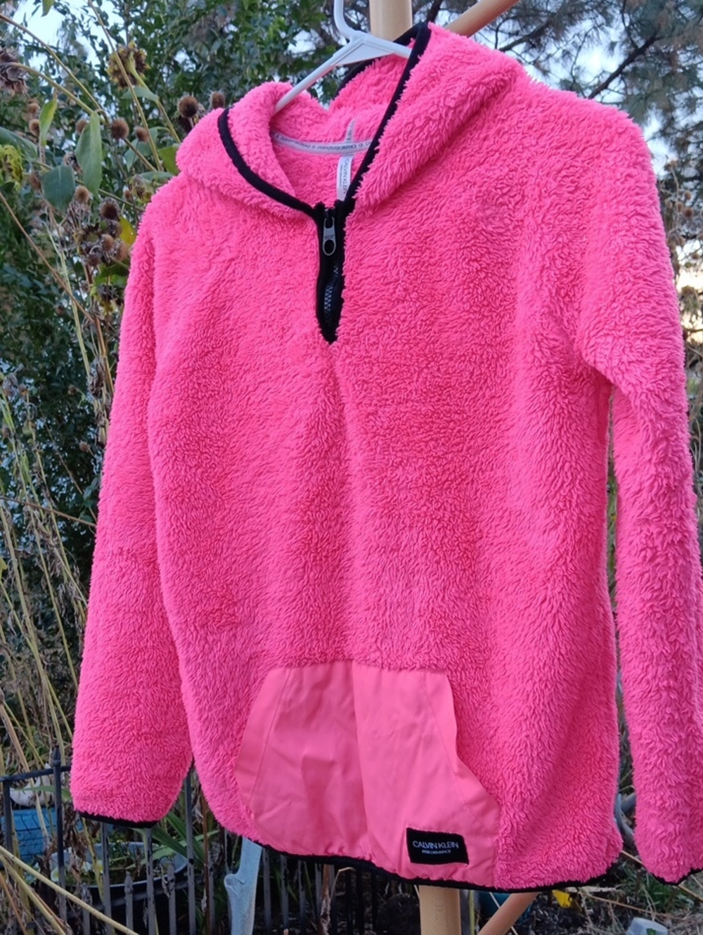 Calvin Klein Plush Half-Zip Hooded Sweater in Bright Pink with Black Trim